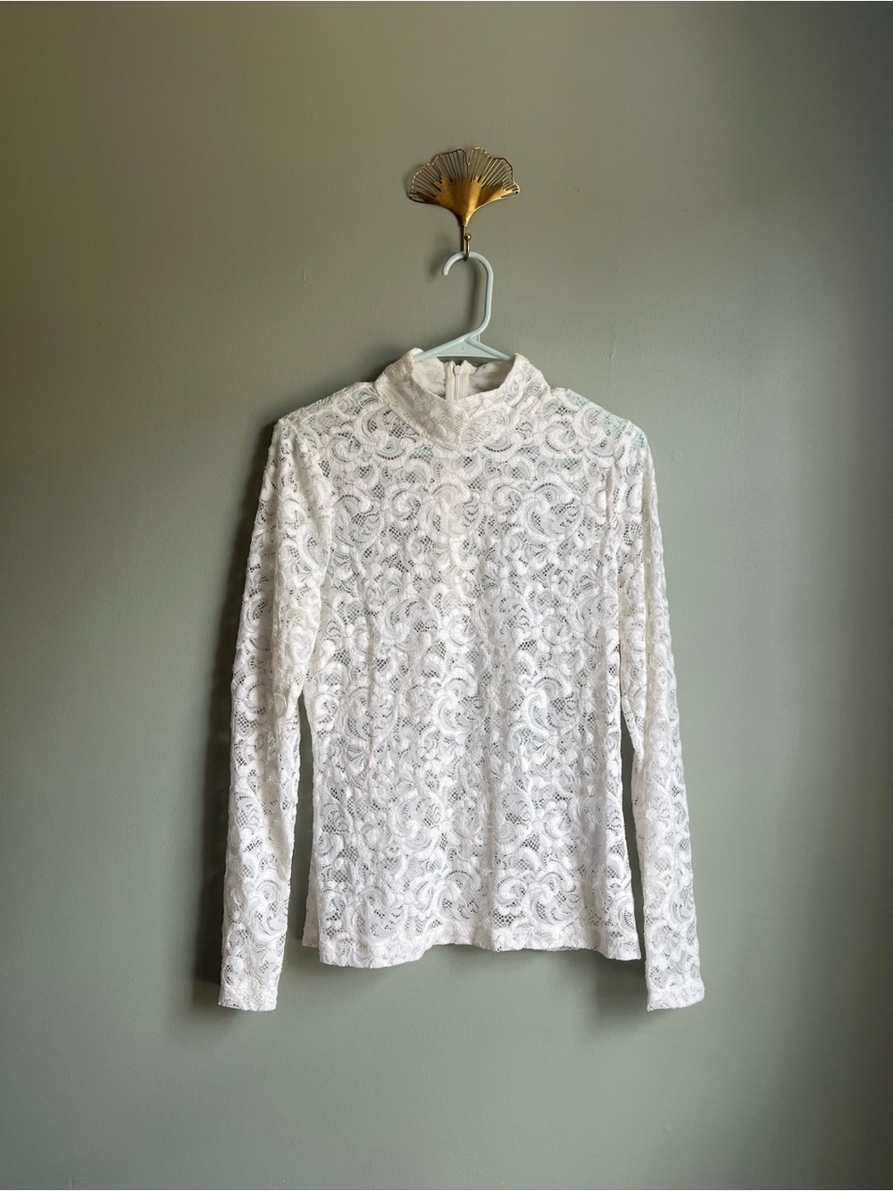 White House Black Market White Lace Long-Sleeve Mock Neck Blouse